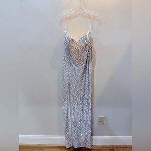 Silver Sequin Strapless Formal Gown